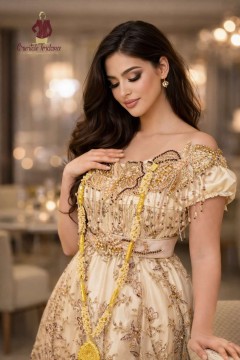 Blouza Rania en Satin confectionnée dans un satin beige lumineux qui allie tradition, élégance et modernité, idéale pour les cé